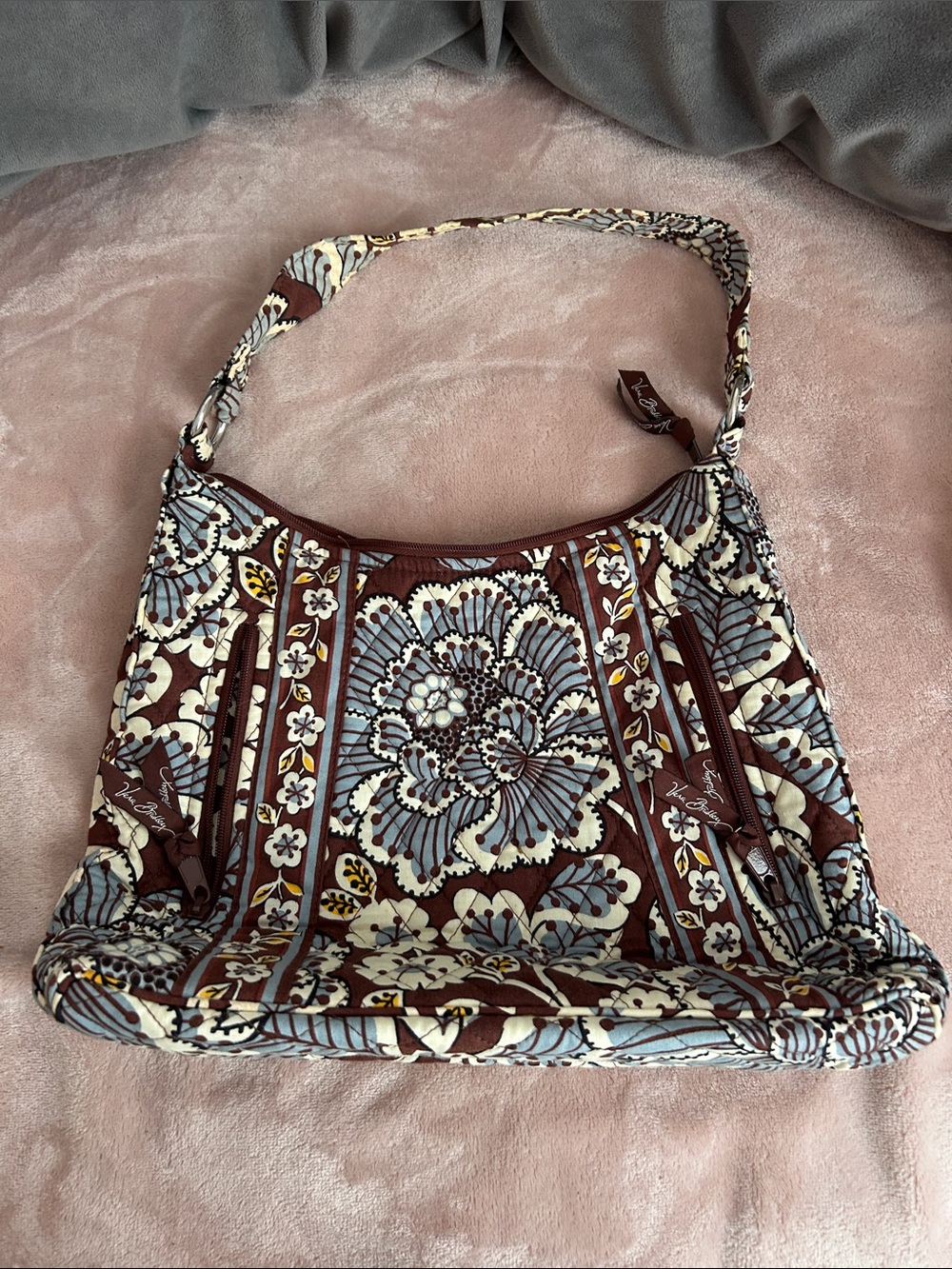 Vera Bradley Brown, Light Blue & Cream Floral Quilted Shoulder Bag